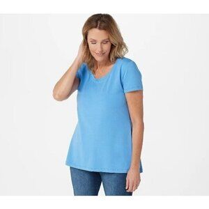Isaac Mizrahi Live! Knit Short-Sleeve Top with Curved Back Seam BLUE Size XXS